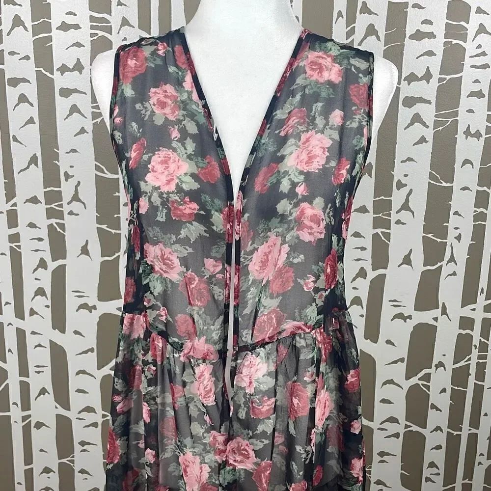 Foreign Exchange Long Sheer Rose Print Lace Back Open Front Maxi Vest Duster sz - Picture 5 of 10